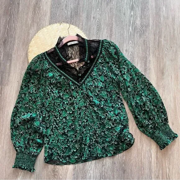 Alice + Olivia Clarice illusion yoke Floral Blouse green silk women’s S‎